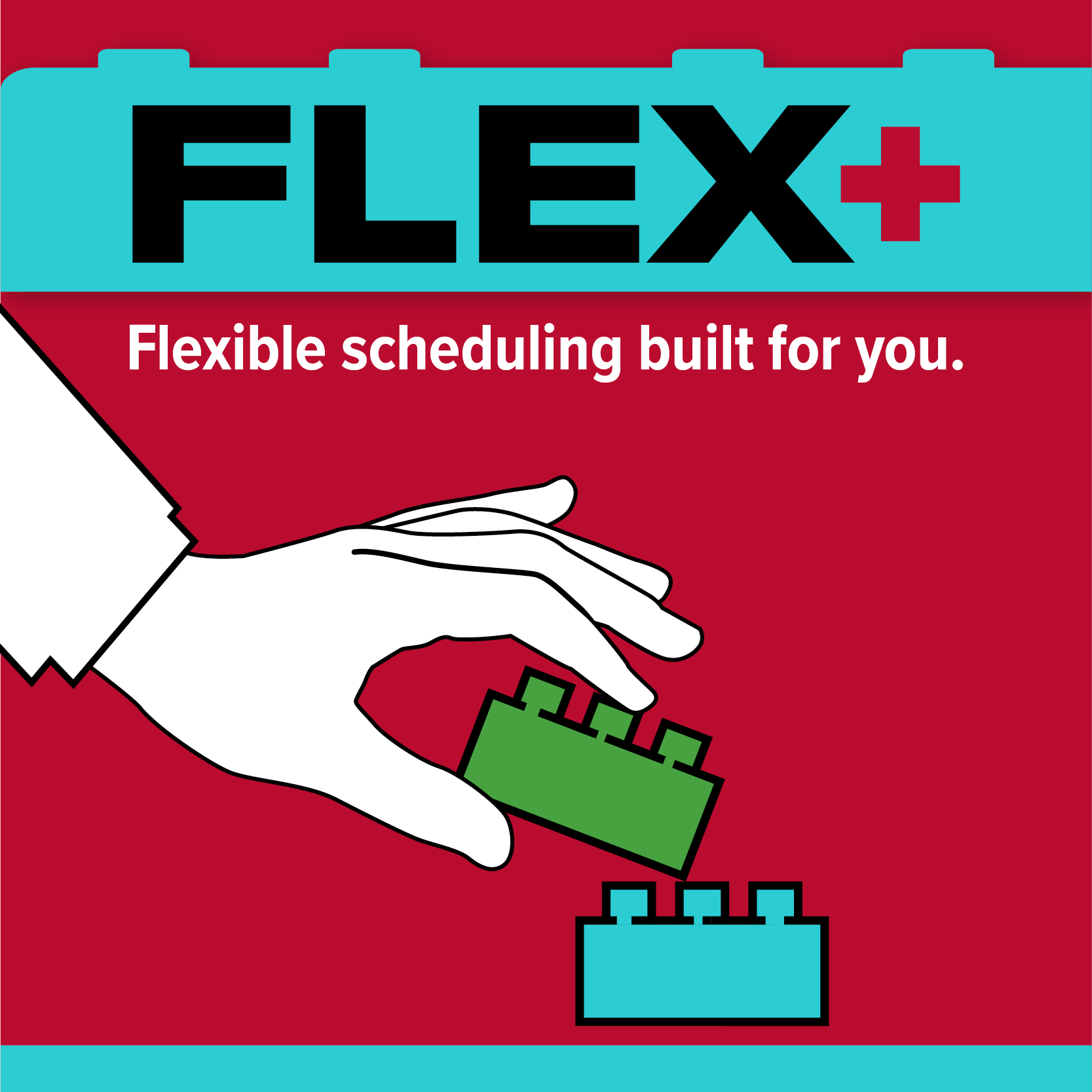 A hand stacking blocks with FLEX text