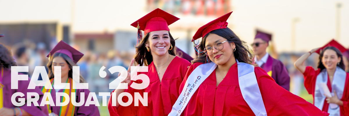 Grad '25 in bold text overlay with smiling graduates featured throughout