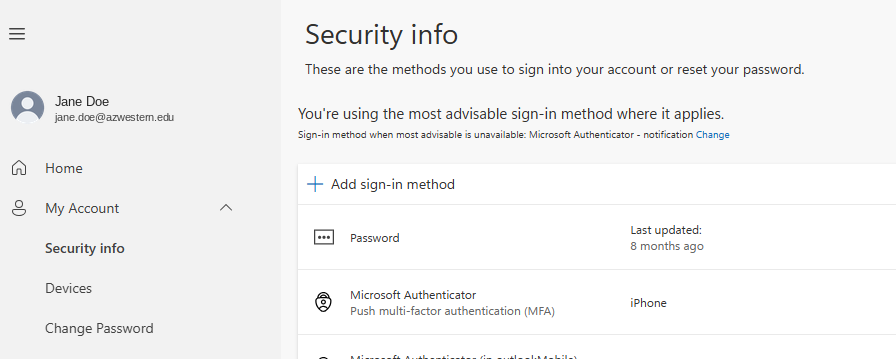 Security info page listing current sign-in methods