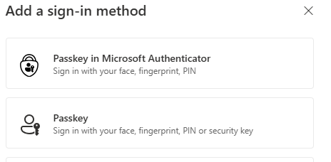 Add a sign-in method window with the Passkey option