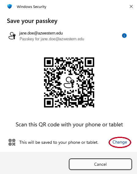 Save your passkey window with the Change link highlighted