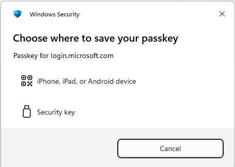 Choose where to save your passkey window with the Security key option