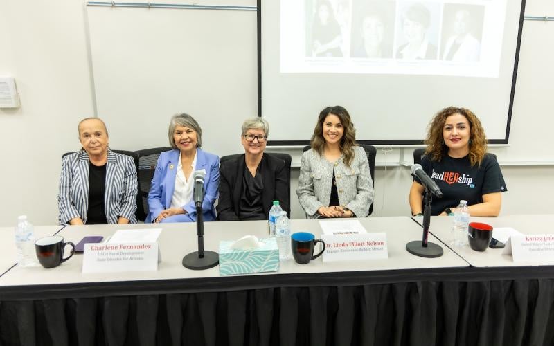 Featured panelists at the Women in Leadership workshop. From left to right: Nieves Riedel, Charlene Fernandez, Dr. Linda Elliott-Nelson, Karina Jones, and moderator Dr. Sara Amani.