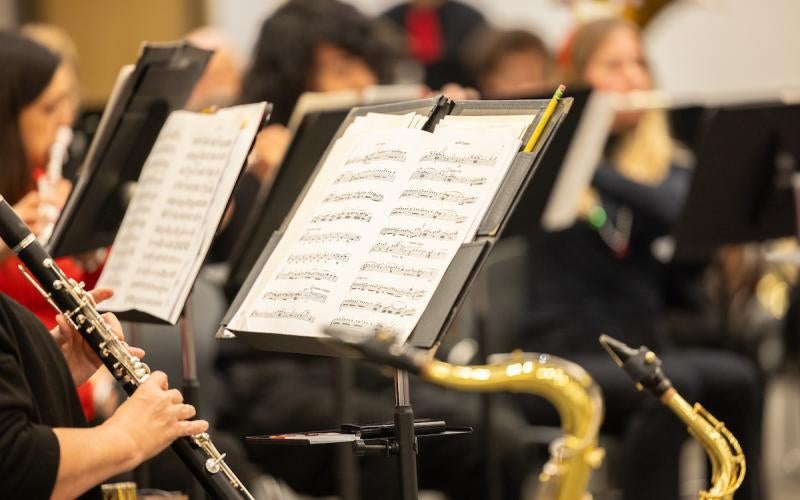 Music stand during an AWC Community Band performance.