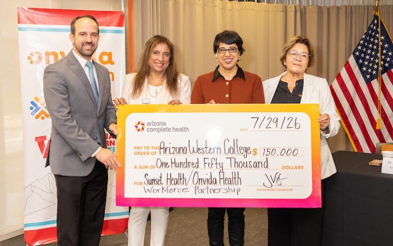 Press conference and check presentation ceremony on July 29, 2026 at Arizona Western College, featuring a panel discussion with AWC President Dr. Reetika Dhawan, Onvida Health Senior Vice President & Chief Strategy Officer Justin Farren, Sunset Health Senior Director of Clinical Operations & Education Dr. Saika Somjee, and Arizona Complete Health Regional Manager of Community Affairs Maria Chavoya. 
