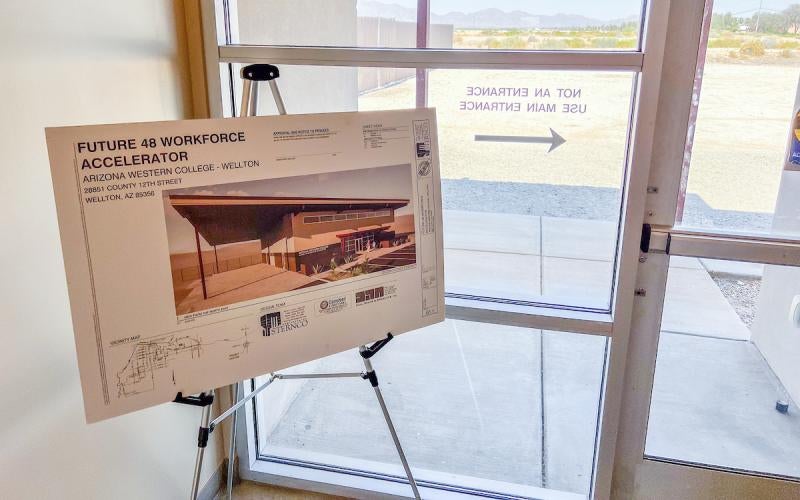 Design board of the Future 48 Workforce Accelerator sits on a tripod in the Wellton Manufacturing Training Center