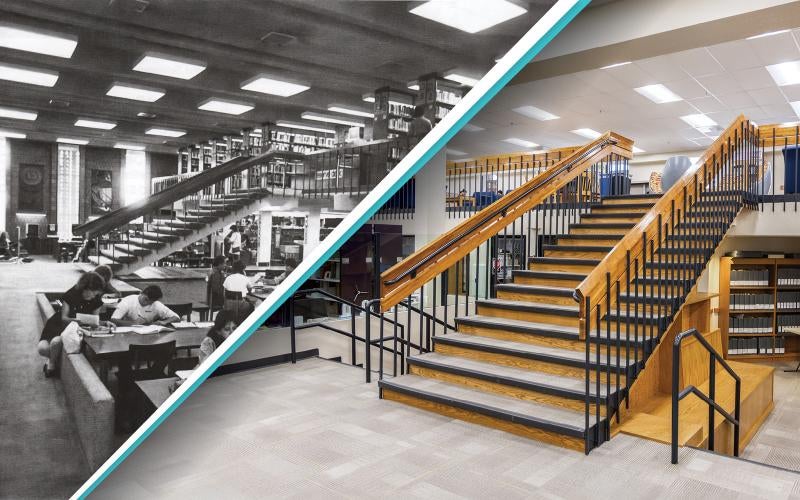 Side by side: black and white picture of the original library staircase and a color picture of the staircase after being refinished in 2024