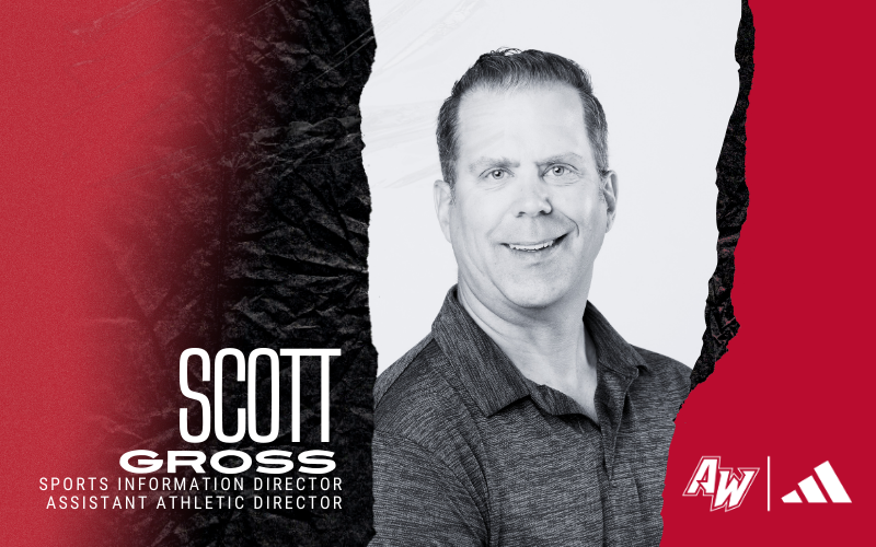 Scott Gross headshot surrounded by black and red graphic with text: "Scott Gross - Sports Information Director - Athletic Director"