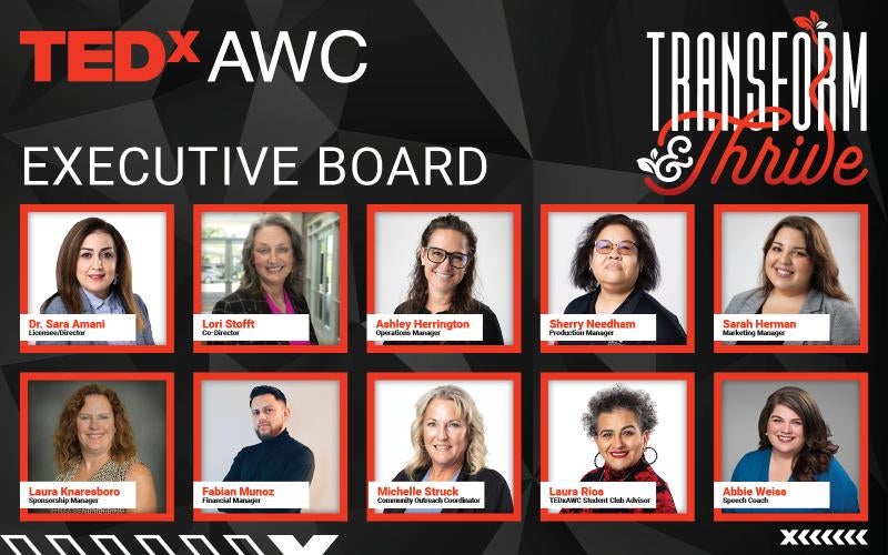 Black, red, and white graphic with the words "TEDxAWC," Transform & Thrive," and "SPEAKERS" over ten framed headshots of the TEDxAWC 2025 Executive Board members.
