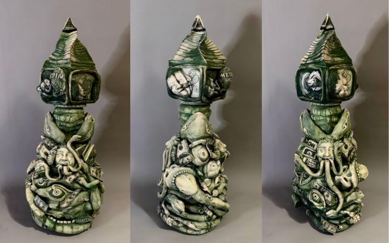 "Media Monster" by AWC ceramics instructor Holly Hendrick explores the role of contemporary media in shaping public discourse.