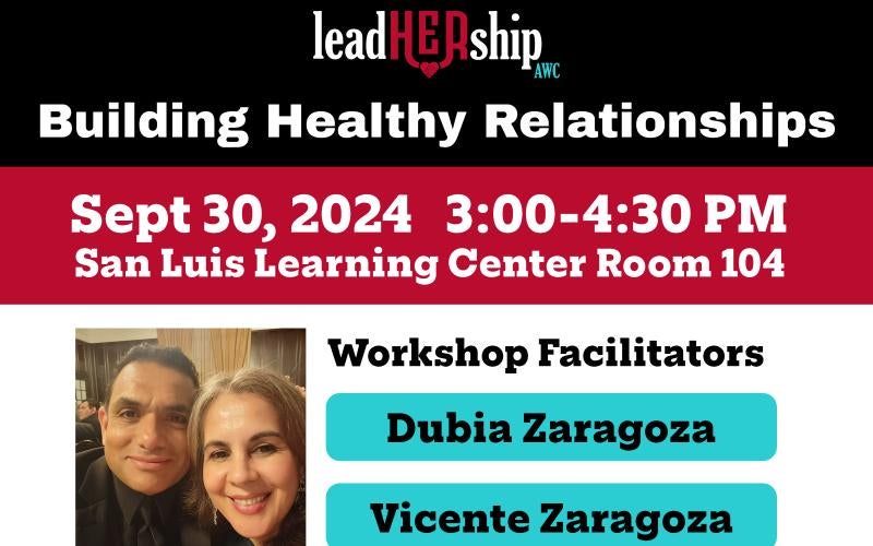 Flyer for leadHERship "Building Healthy Relationships" workshop facilitated by Dubia & Vicente Zaragoza