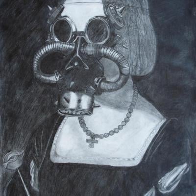 Drawing of a woman wearing a gas mask