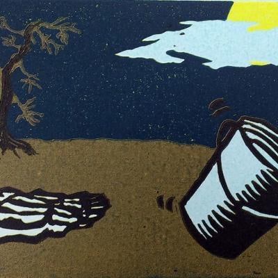 printmaking piece of a bucket in the desert