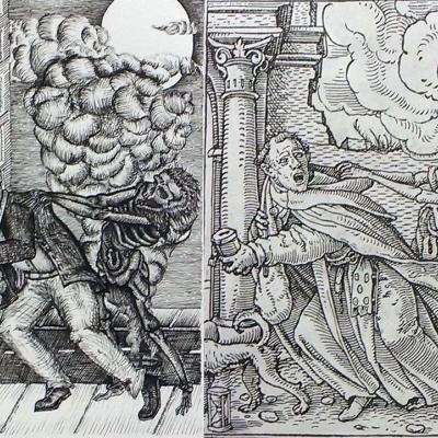 drawing of two different medieval scenes
