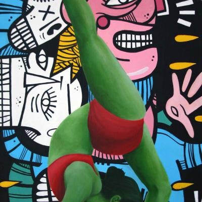 painting of a woman stretching in front of faces