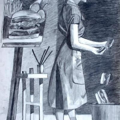 drawing of a woman painting a hamburger