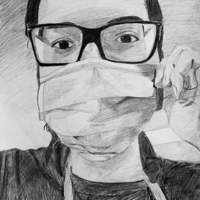 drawing of a man with a mask