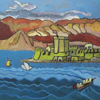 Painting of a castle on an island