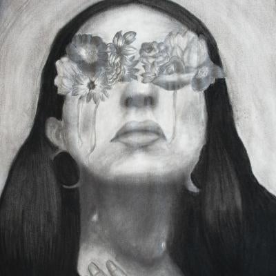 Drawing of a woman with flowers for eyes