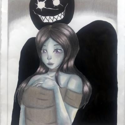 Drawing of a woman and a strange creature