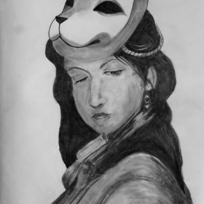 Drawing of a woman with a mask