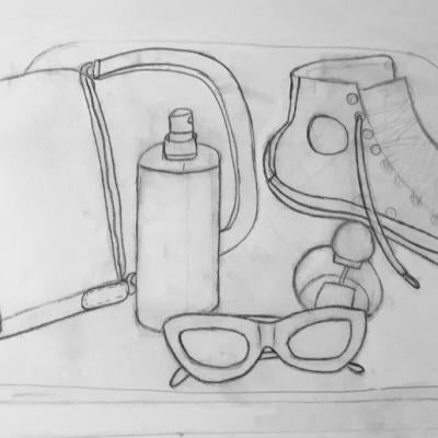 Drawing of shoes, glasses, and a bag
