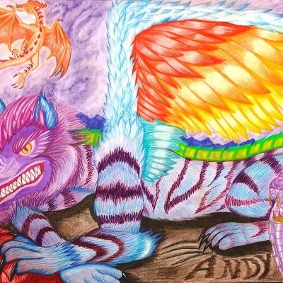 drawing of a colorful creature with wings