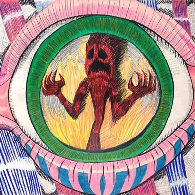 drawing of a red crying figure within an eye