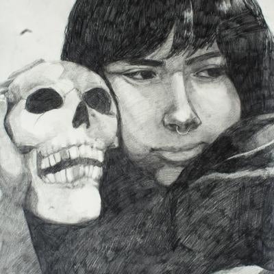 Drawing of a girl and a skull