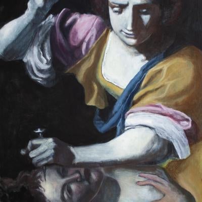 painting of a woman hammering a nail in someone's head