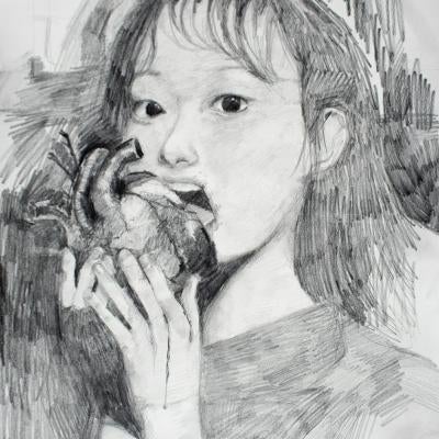 Drawing of a kid eating a heart