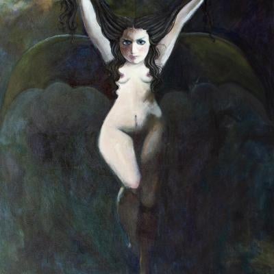 painting of a woman with bat wings