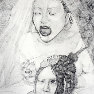 Drawing of a woman dining