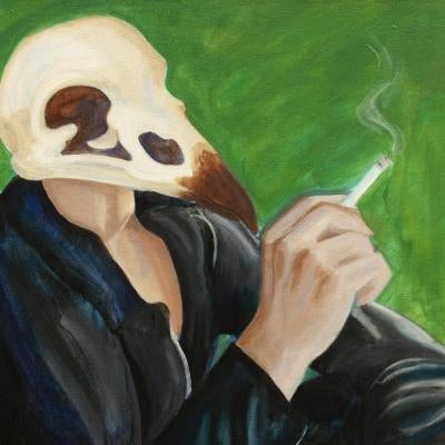 painting of a person with a bird skull head