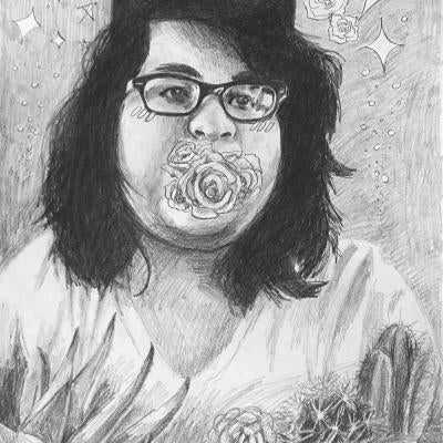 drawing of a woman with a flower in her mouth