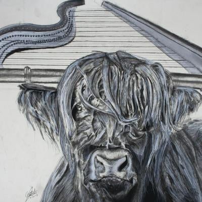 drawing of a highland cow with a harp on its head