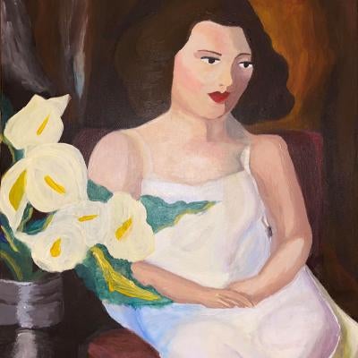 Painting of a woman next to flowers