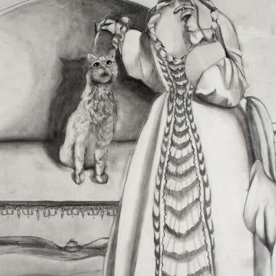Drawing of a woman and a cat