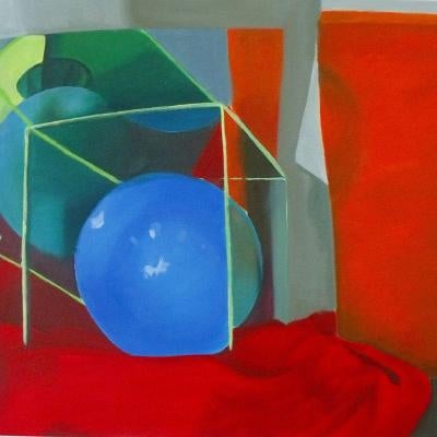 painting of a ball inside of a clear cube