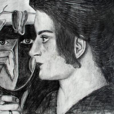Drawing of a woman looking into abstract reflection