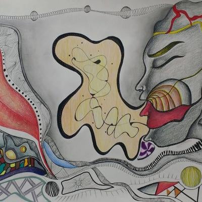 drawing of a face and abstract shapes