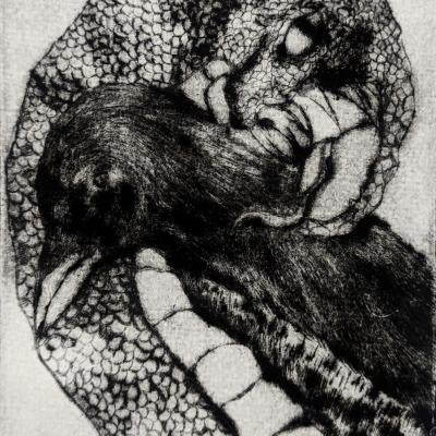 Print of a bird and snake