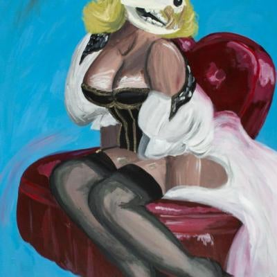 painting of a woman with a skull head