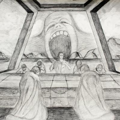 drawing of people and large mouth in background