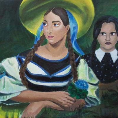 painting of a woman and wednesday addams