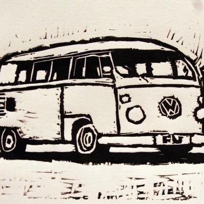 printmaking piece of a VW van
