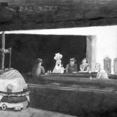 drawing of a diner and a giant hamburger