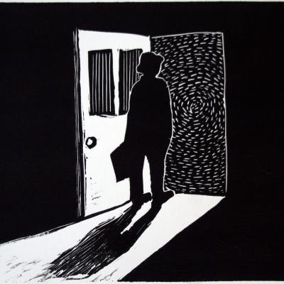 printmaking piece of a man standing in doorway
