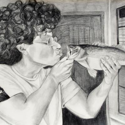 drawing of a person kissing a fish