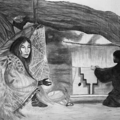 Drawing of women weaving fabrics